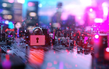 Padlock over circuit board for data protection in city background for security