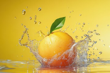 A fresh citrus fruit with water splash against a yellow background