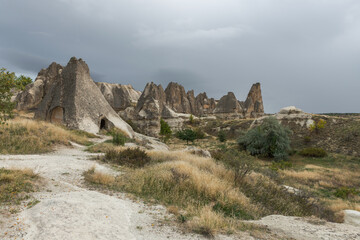 A rock formation, Goreme National Park, Nevsehir city surroundings, Cappadocia, UNESCO World Heritage Site, Turkey.