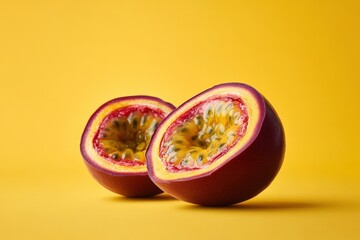 Two halves of a cut passion fruit on a yellow background