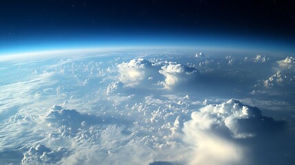 Fototapeta premium Earth viewed from space, surrounded by clouds and twinkling stars in the dark expanse of the universe.