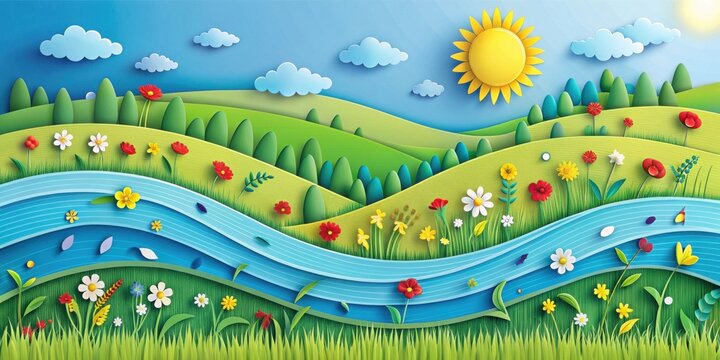 Serene Papercut Landscape  Rolling Hills, Sunny Sky, and a Gently Meandering River, Adorned with Vibrant Wildflowers