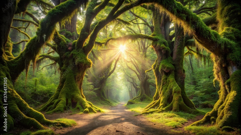 Aufkleber sunlit path through ancient moss-draped trees in a lush forest