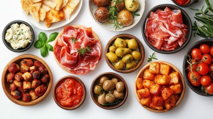 Overhead shot of an authentic spanish tapas selection featuring various dishes for a flavorful culinary experience