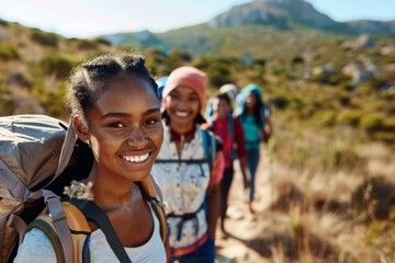 Portrait of a group of diverse young people hiking through beautiful landscapes