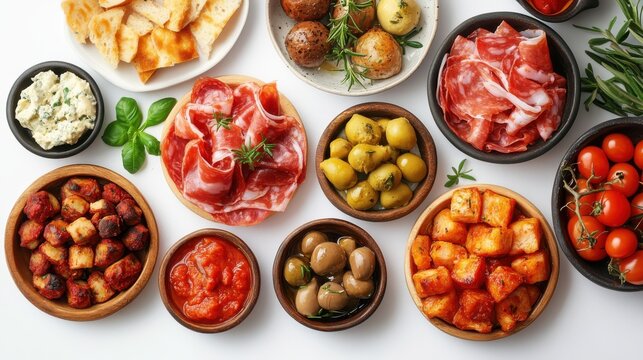 Overhead shot of an authentic spanish tapas selection featuring various dishes for a flavorful culinary experience