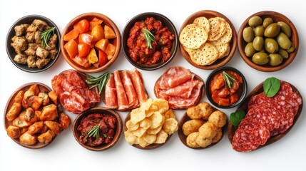 Overhead shot of an authentic spanish tapas selection featuring various dishes for a flavorful culinary experience