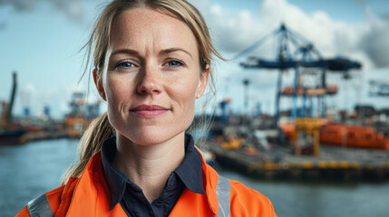 confident woman in orange safety jacket stands at busy port, showcasing her role in engineering and maritime work