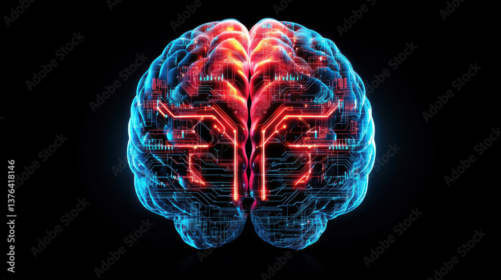 Poster digital brain with glowing circuits and neural connections, representing advanced technology and art
