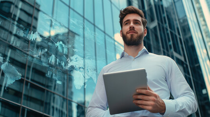 Fototapeta premium Professional man holds tablet in front of modern glass building, showcasing confidence and innovation in technology