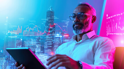 relaxed businessman using tablet, surrounded by vibrant city lights and digital data visualizations, exudes confidence