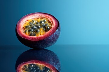 A passion fruit half displays vibrant colors with its reflection below
