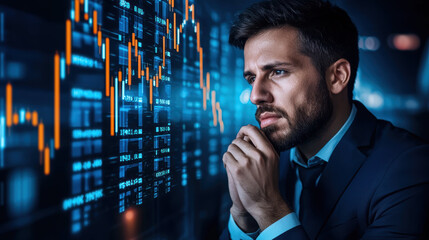 focused man in suit analyzes financial data on digital screen, reflecting determination and ambition