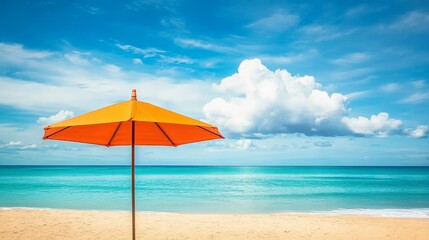 Fototapeta premium Serene Tropical Beach Scene with Vibrant Orange Umbrella on Sandy Shore Peaceful Summer Getaway in Blue Sky and Turquoise Ocean