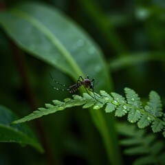 Fototapeta premium Mosquito on Fern with Dew Drops.