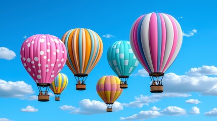 Obraz premium Pastel Hot Air Balloons Soaring in a Bright Blue Sky