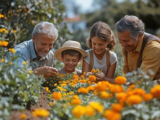 Joyful Family Gardening Adventure with Grandparents and Children in Sunny Nature: Exploring Marigold Plant Nurturing and Bonding in Vibrant, Colorful Summer Gardens