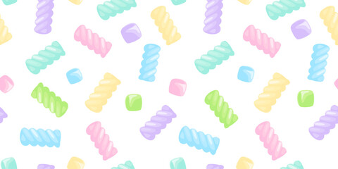 Seamless pattern with color twisted marshmallow. Candies, gummy or jelly on white background. Abstract pattern with pastel pink, blue and purple sweets, vector illustration