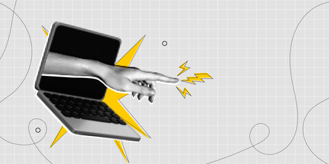 Trendy Halftone Collage Hand from laptop screen points to empty space. Online recommendation. Social media sale and promotions. Business idea. Yellow lightnings. Contemporary vector illustration art