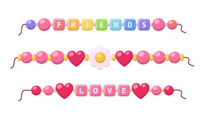 Friendship bracelets and necklace with beads and charms with letters. Retro handmade jewelry for friends and love. Cute kids bracelets with heart and flower plastic beads, vector illustration