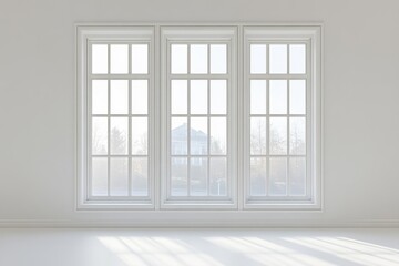 Empty room, large windows, sunlight