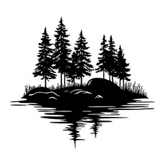 Forest River Silhouette. Forest landscape featuring a gently flowing river surrounded by towering pine trees
