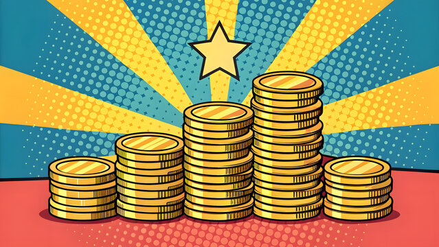A pop art retro stock illustration with stacks of gold coins in a comic book style imitation