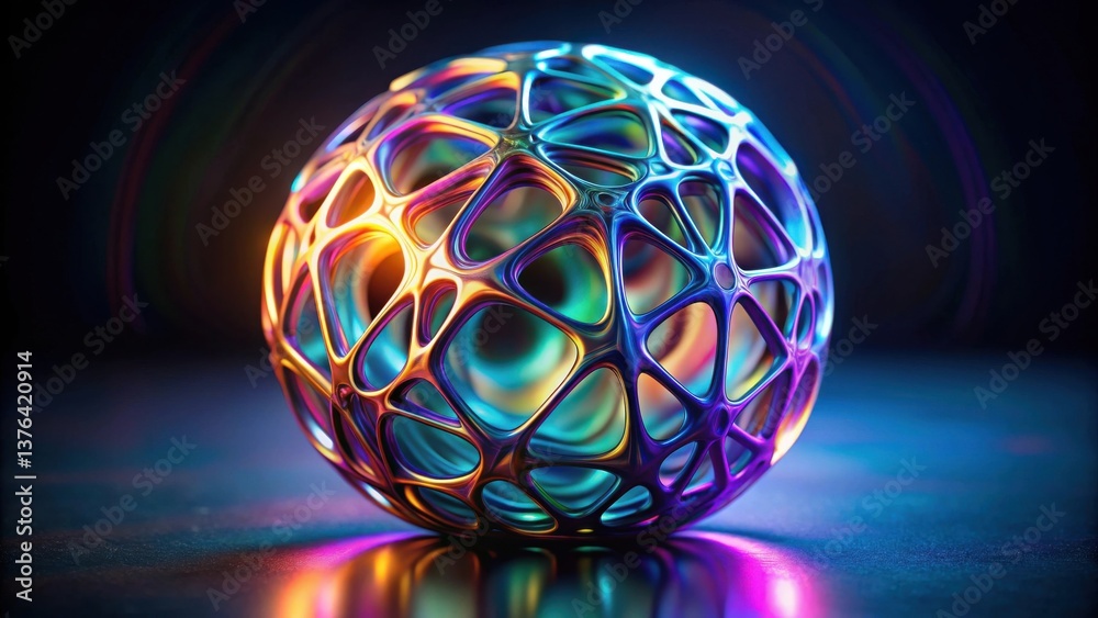 Poster Abstract iridescent sphere with intricate lattice structure, reflecting vibrant light on a dark surface