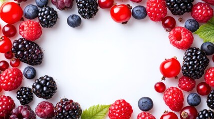 Mixed Berries Frame on White Background Fresh and Colorful Layout