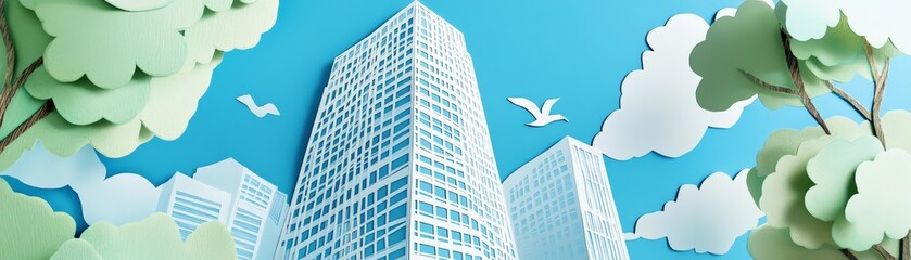 Obraz premium Explore an artistic representation of Tilted Skyscraper, A modern skyscraper surrounded by lush greenery against a blue sky, showcasing the blend of urban and natural environments.