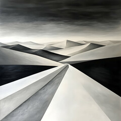 Abstract Monochrome Mountain Landscape with Converging Road