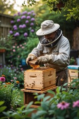 A person in protective gear carefully inspects a beehive in a lush garden adorned with colorful flowers. The warm afternoon light enhances the serene atmosphere of this agricultural activity