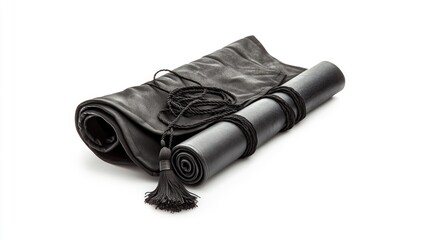 Rolled black leather accessory with tassels