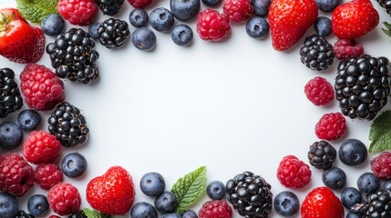 Fresh Berries Frame on White Background with Strawberries Blackberries Blueberries