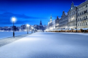Obraz premium A magical winter scene in KrakÃ³w Old Town, with snow-covered streets and Christmas lights glowing in the market square