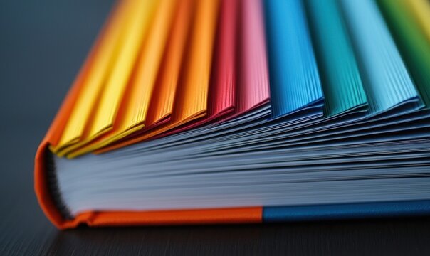 A close-up showcases a vibrant book's rainbow pages, creating a colorful spectrum of knowledge.