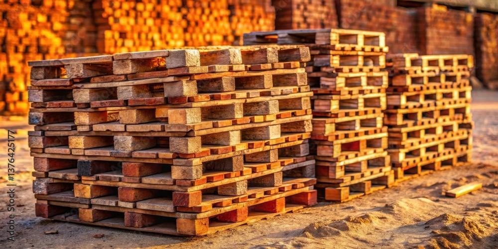 Poster golden hour pallet stacks a collection of wooden pallets arranged in neat piles, bathed in the warm 
