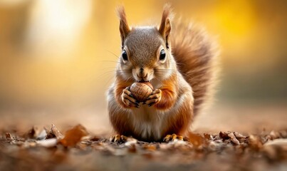 Obraz premium A charming squirrel clutching a hazelnut is posing in a studio environment with autumn colors.