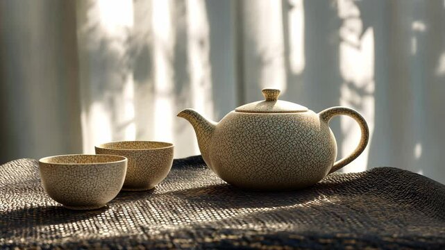 Ceramic tea set featuring a teapot and two cups arranged on textured cloth illuminated by gentle natural light