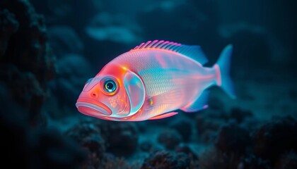 Fototapeta premium A Vibrant Pink and Blue Fish Swims Through a Dark Underwater World, Its Scales Shimmering in the Mysterious Depth