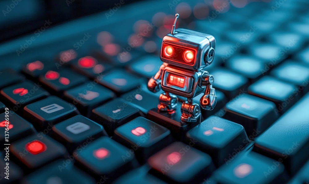 Poster a tiny robot stands guard on a computer keyboard, symbolizing the power of automation.