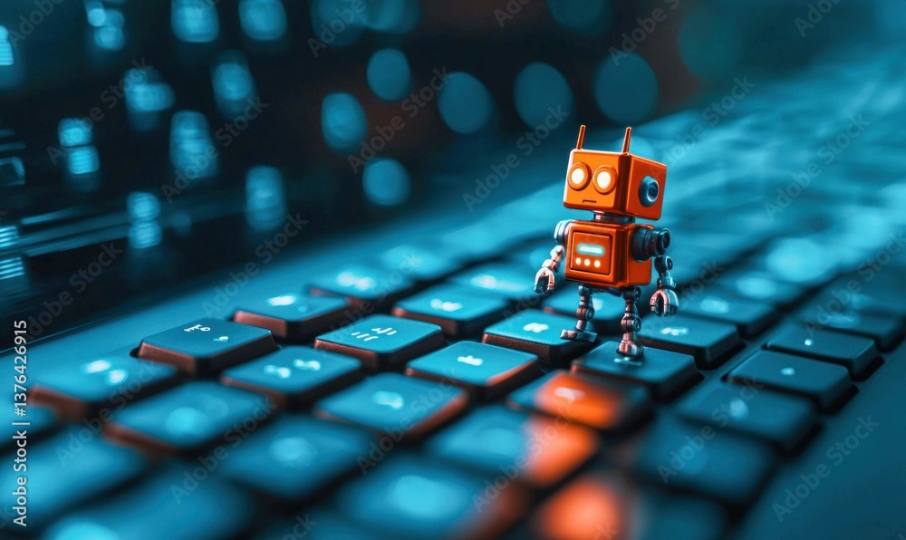 Poster a tiny robot standing on a computer keyboard represents the intersection of technology and automatio
