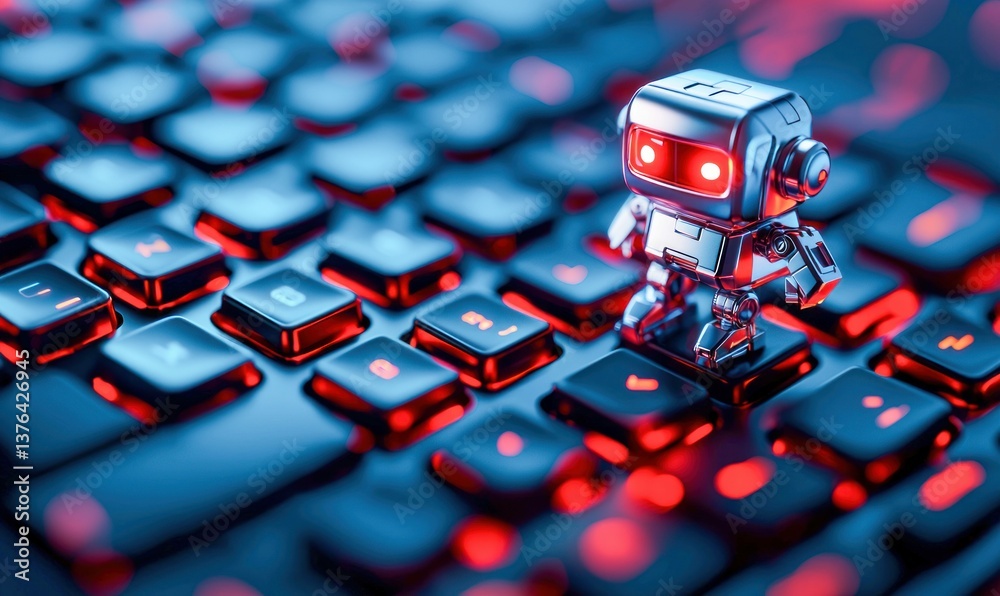 Poster a tiny, metallic robot navigates the glowing keys of a computer keyboard with its red eyes.