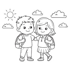 Children Black Outline Holding School Bag, Line art vector clip art illustration .kids coloring page drawings 