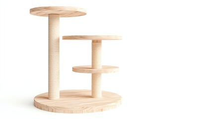 Stylish wooden cat tree with multiple levels for climbing, designed for indoor cats, against a white isolated background.