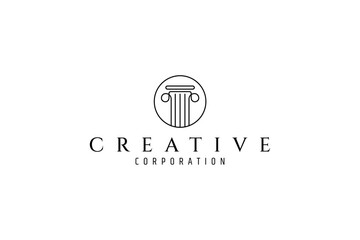 ancient greek roman pillar logo in circle frame in line art design