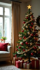 Christmas tree decorated with ornaments and garlands in a cozy living room, ornaments, decoration, home