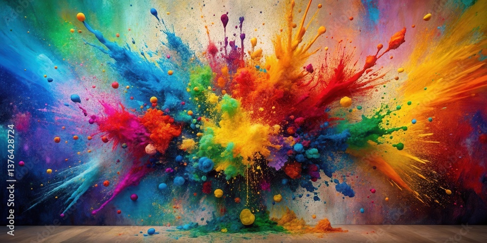 Poster Vibrant Color Explosion Against a Textured Background Showing a Spectacular Burst of Hues and Shades on a Wooden Surface