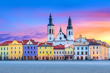 Obraz premium A panoramic view of CzÄ™stochowa cityscape at sunset, with church spires rising above historic buildings