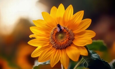 Obraz premium A busy bee collects pollen from a bright yellow sunflower in a sun-drenched field of blooms.
